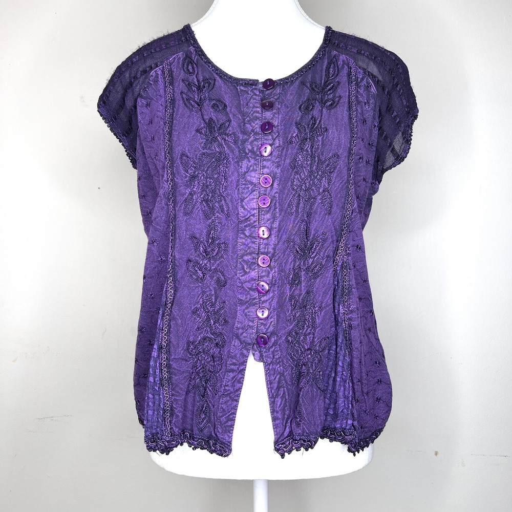 Vintage 90s Purple Embroidered Rayon Fairy Goth Top Boxy‎ Hippie Boho Festival